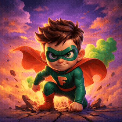 Little Boy In Green Superhero Costume With Letter F GIF