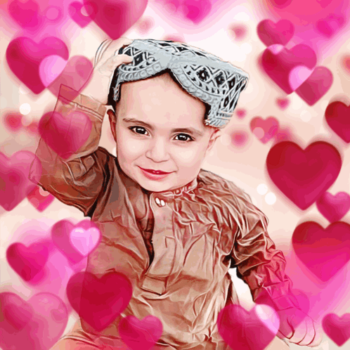 Little Boy In Hat With Hearts GIF