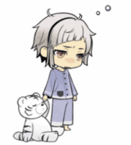 Little Boy In Pajamas Standing Next To White Teddy Bear GIF