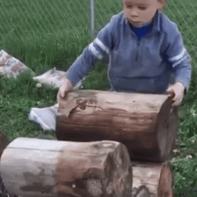 Little Boy Playing With Logs In Grass GIF