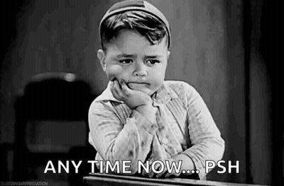 Little Boy With Hand On Chin Saying Any Time Now Psh GIF