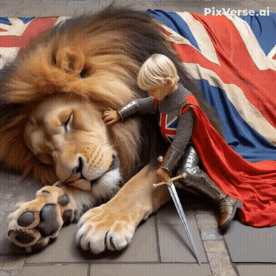 Little Boy With Sword Petting Lion GIF