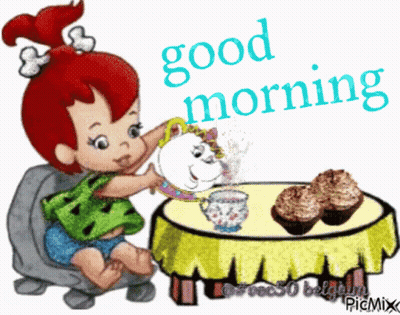 Little Girl At Table With Cupcakes Saying Good Morning GIF