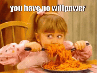 Little Girl Eating Spaghetti With Knife And Fork Saying You Have No Will Power GIF
