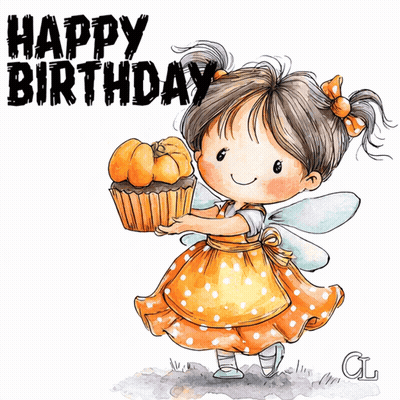 Little Girl Holding Cupcake And Pumpkin Happy Birthday GIF