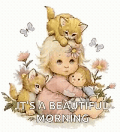 Little Girl Holding Doll And Kitten GIF