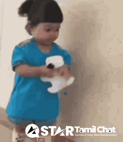 Little Girl Holding Stuffed Animal In Front Of Star Tamil Chat Sign GIF