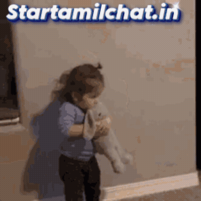 Little Girl Holding Stuffed Animal In Front Of Startamilkchat Sign GIF