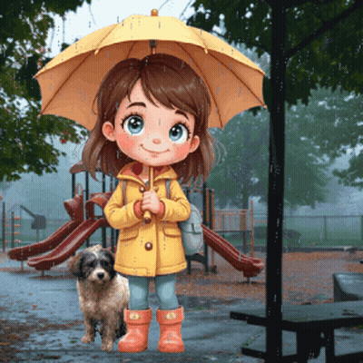 Little Girl Holding Yellow Umbrella Next To Dog GIF