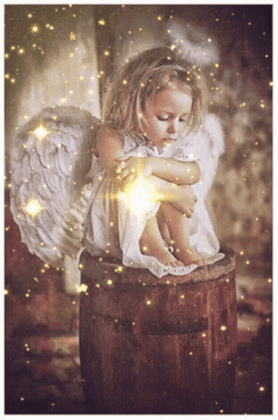 Little Girl In Angel Wings Sitting On Wooden Barrel GIF