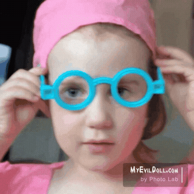 Little Girl In Pink Hat And Blue Glasses Myevildoll.com GIF
