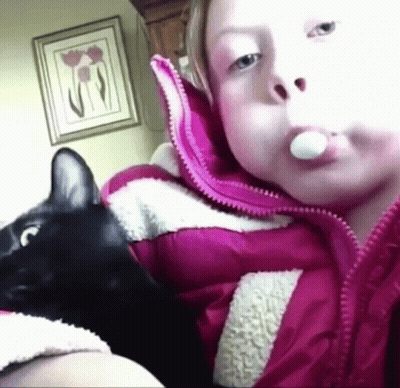Little Girl In Pink Jacket Holding Black Cat Blowing Bubbles GIF
