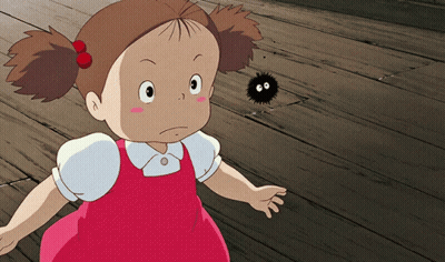 Little Girl In Red Dress Next To Black Creature GIF