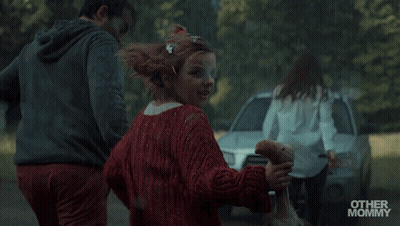 Little Girl In Red Sweater Running Towards Car Saying Other Mommy GIF