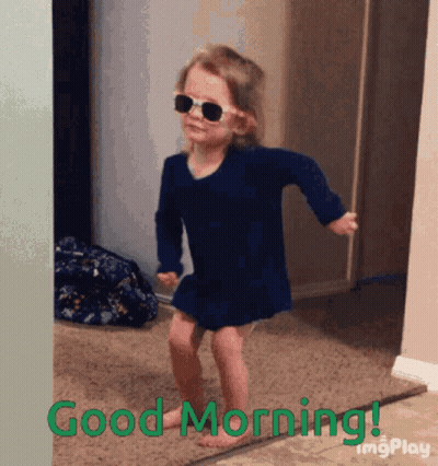 Little Girl In Sunglasses And Blue Dress Dancing Good Morning GIF