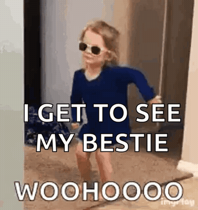 Little Girl In Sunglasses And Blue Dress Saying I Get To See My Bestie Woohoo GIF