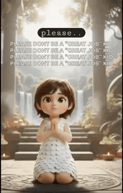 Little Girl In White Dress Kneeling Before Waterfall Asking For Great Job GIF