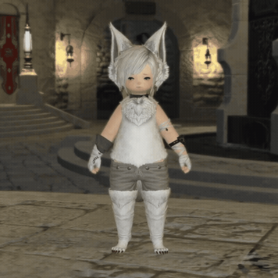 Little Girl In White Fox Costume Standing By Stone Wall GIF