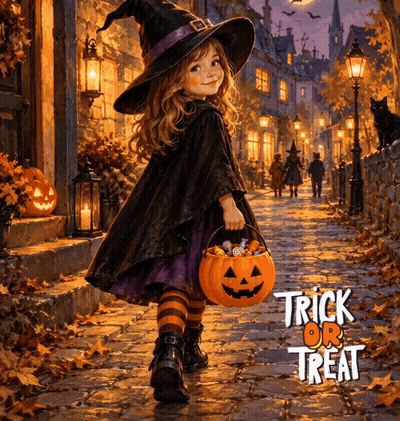 Little Girl In Witch Costume Carrying Pumpkin Candy Bucket GIF