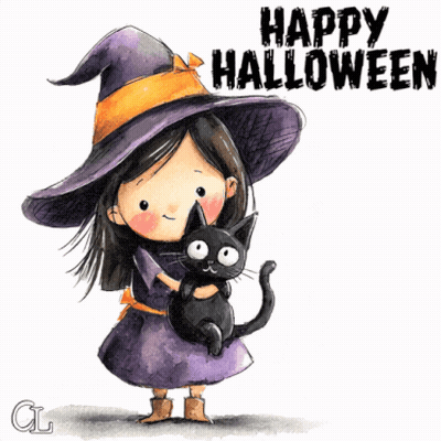 Little Girl In Witch Costume Holding Black Cat Saying Happy Halloween GIF