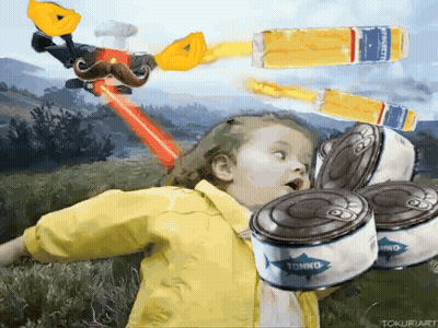 Little Girl In Yellow Jacket Surrounded By Tuna Cans GIF