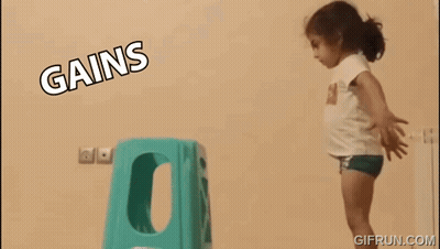 Little Girl Jumping Over Stool Saying Gains GIF