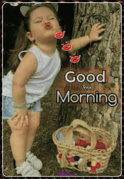 Little Girl Kissing Tree Saying Good Morning GIF