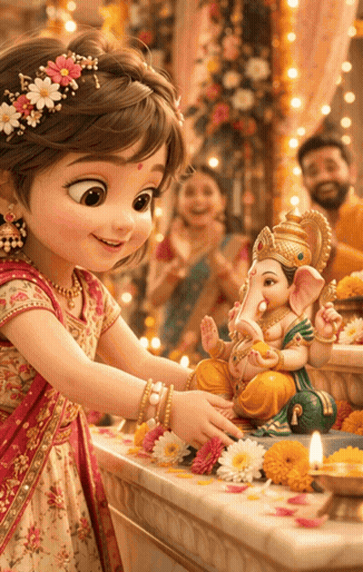 Little Girl Putting Flowers On Ganesha GIF