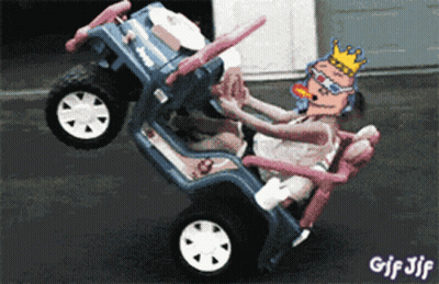 Little Girl Riding Jeep With Cartoon King GIF