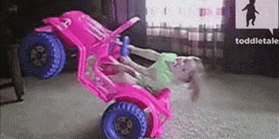 Little Girl Riding Pink Toy Car On Her Back GIF