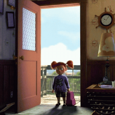 Little Girl Standing In Front Of Open Door With Clock On Wall GIF