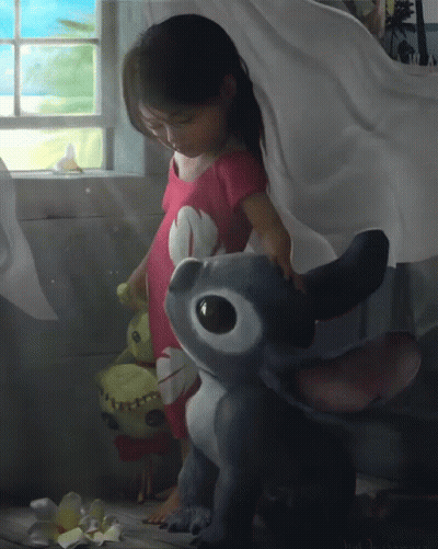 Little Girl Standing Next To Stuffed Animal GIF