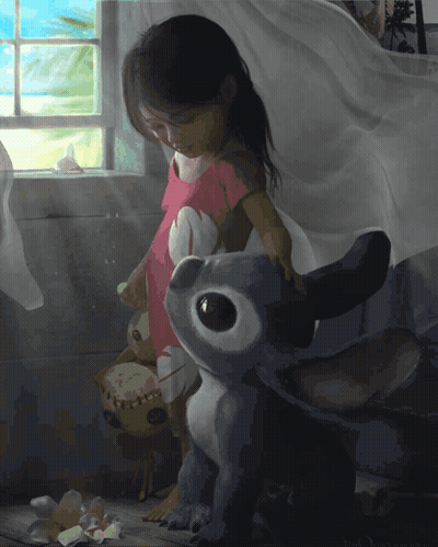 Little Girl Standing Next To Stuffed Stitch GIF