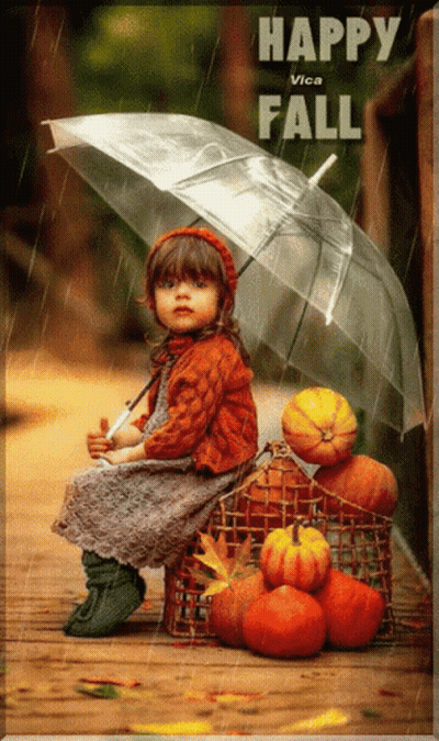 Little Girl Under Umbrella With Pumpkins Happy Fall GIF