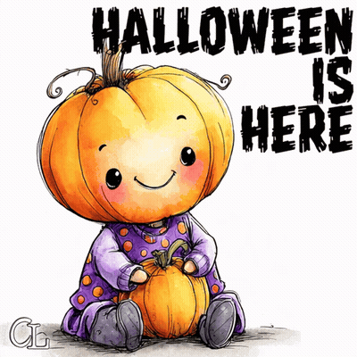 Little Girl With Pumpkin On Head Halloween Is Here GIF