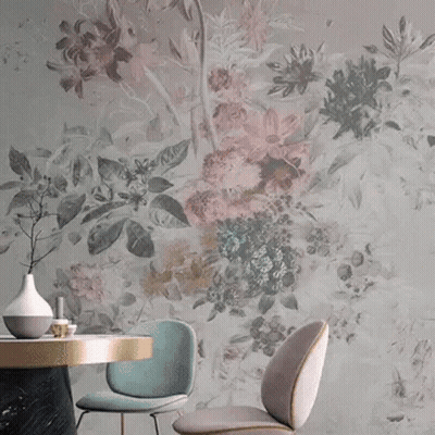 Living Room With Chair And Table In Front Of Pink Flower Wall GIF