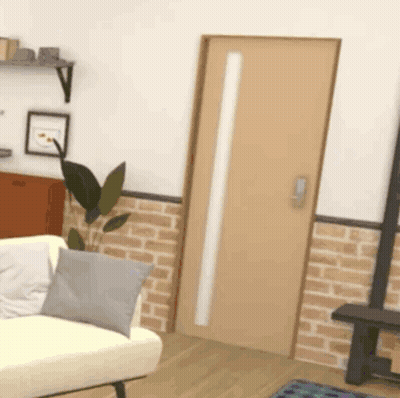 Living Room With Couch And Brick Wall Door GIF