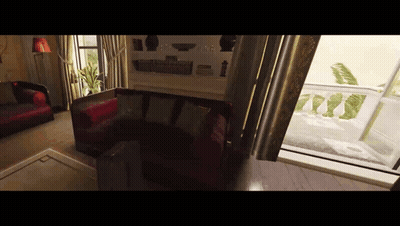 Living Room With Couch, Chairs, And Large Window GIF