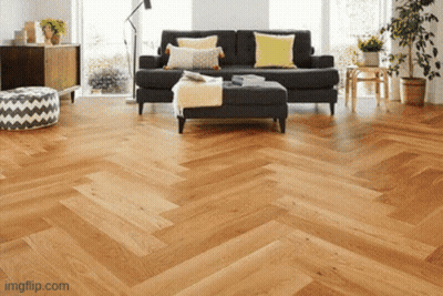 Living Room With Herringbone Wood Floor GIF