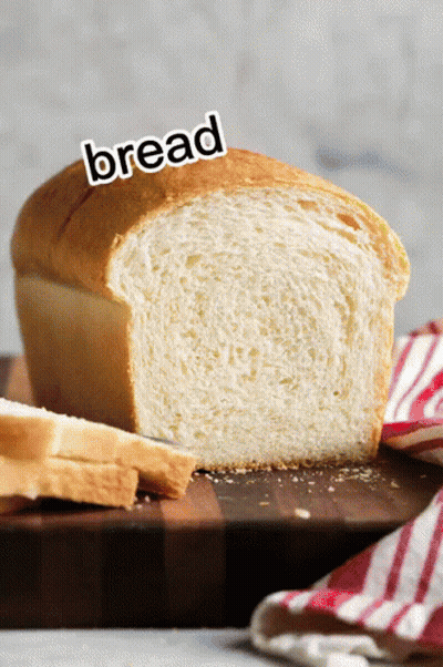 Loaf Of Bread On Wooden Cutting Board Saying Bread GIF