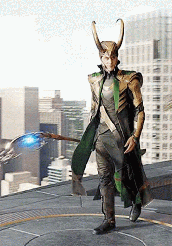 Loki From Avengers : Age Of Ultron Is Standing On A Rooftop Holding A Sword And Shield . GIF
