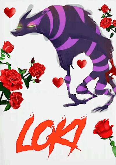 Loki Movie Poster With Purple Monster And Red Roses GIF