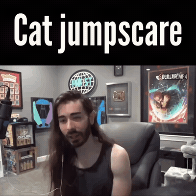 Long Haired Man Sitting In Chair Cat Jumpscare GIF