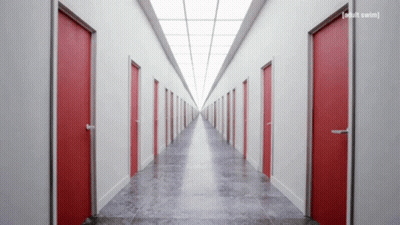 Long Hallway With Red Doors Adult Swim GIF