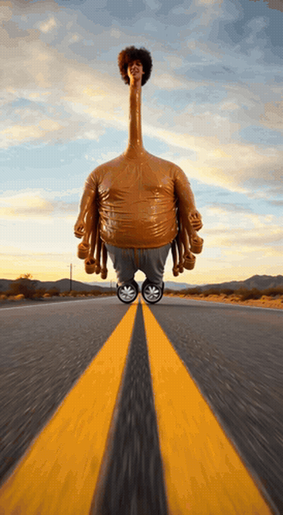 Long Neck Cartoon Character Driving On Highway GIF