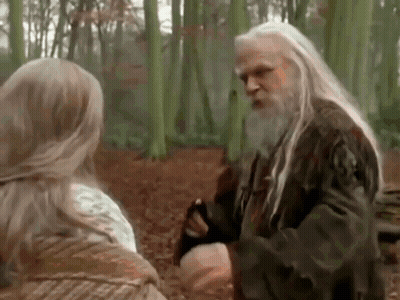 Long White Haired Bearded Man And Woman In Woods GIF