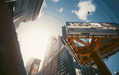 Looking Up At A City Skyline With A Billboard That Says Condoms On It GIF