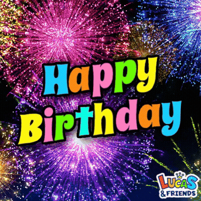 Lucas And Friends Birthday Card With Colorful Fireworks GIF