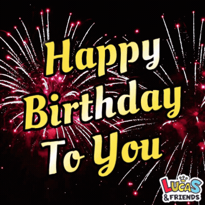 Lucas And Friends Birthday Card With Fireworks GIF