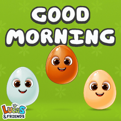 Lucas And Friends Greeting Card With Three Eggs On Green Background GIF